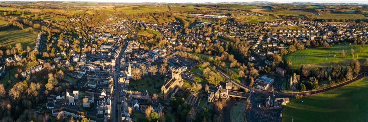 A drone image of Jedburgh in the Scottish Borders